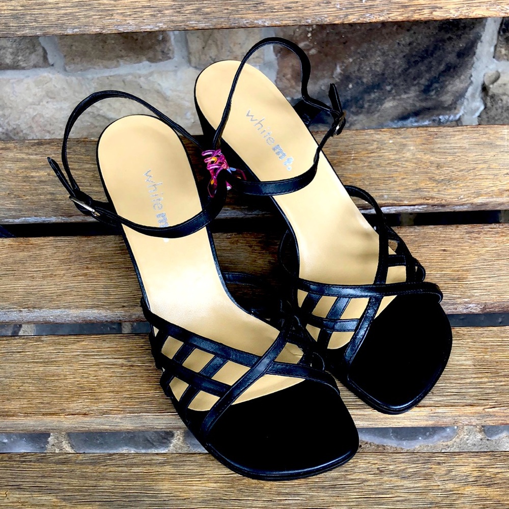 Whitemt. Wedge Strappy Sandals Black Leather. 10M